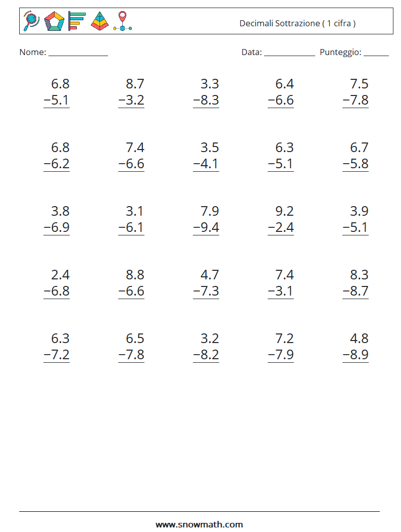 (25) Decimali Sottrazione ( 1 cifra ) Fogli di lavoro di matematica 17