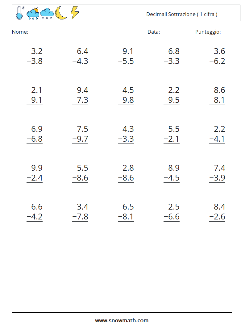 (25) Decimali Sottrazione ( 1 cifra ) Fogli di lavoro di matematica 18