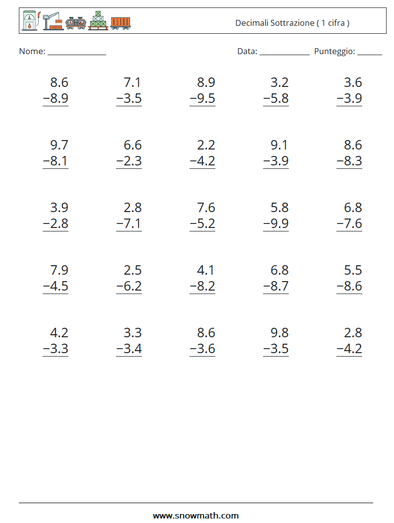(25) Decimali Sottrazione ( 1 cifra ) Fogli di lavoro di matematica 2