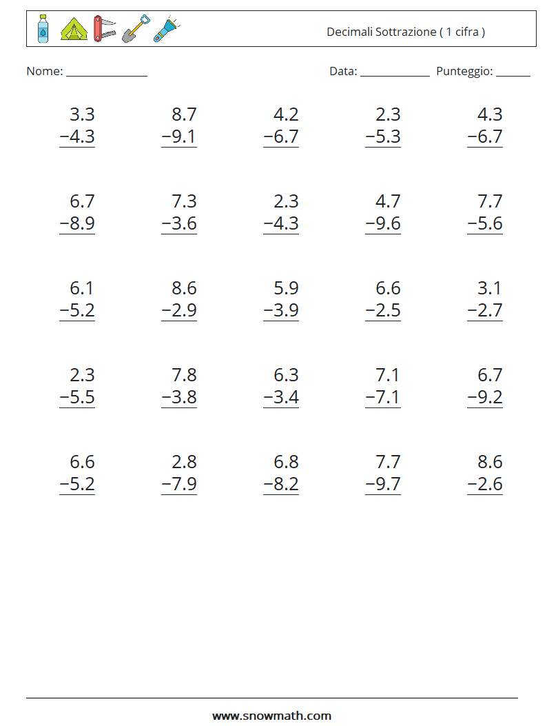 (25) Decimali Sottrazione ( 1 cifra ) Fogli di lavoro di matematica 4