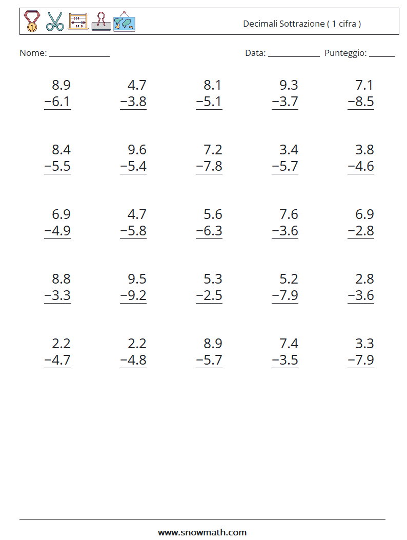 (25) Decimali Sottrazione ( 1 cifra ) Fogli di lavoro di matematica 5