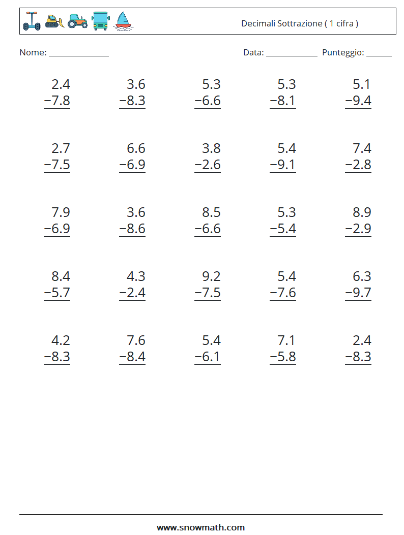 (25) Decimali Sottrazione ( 1 cifra ) Fogli di lavoro di matematica 6