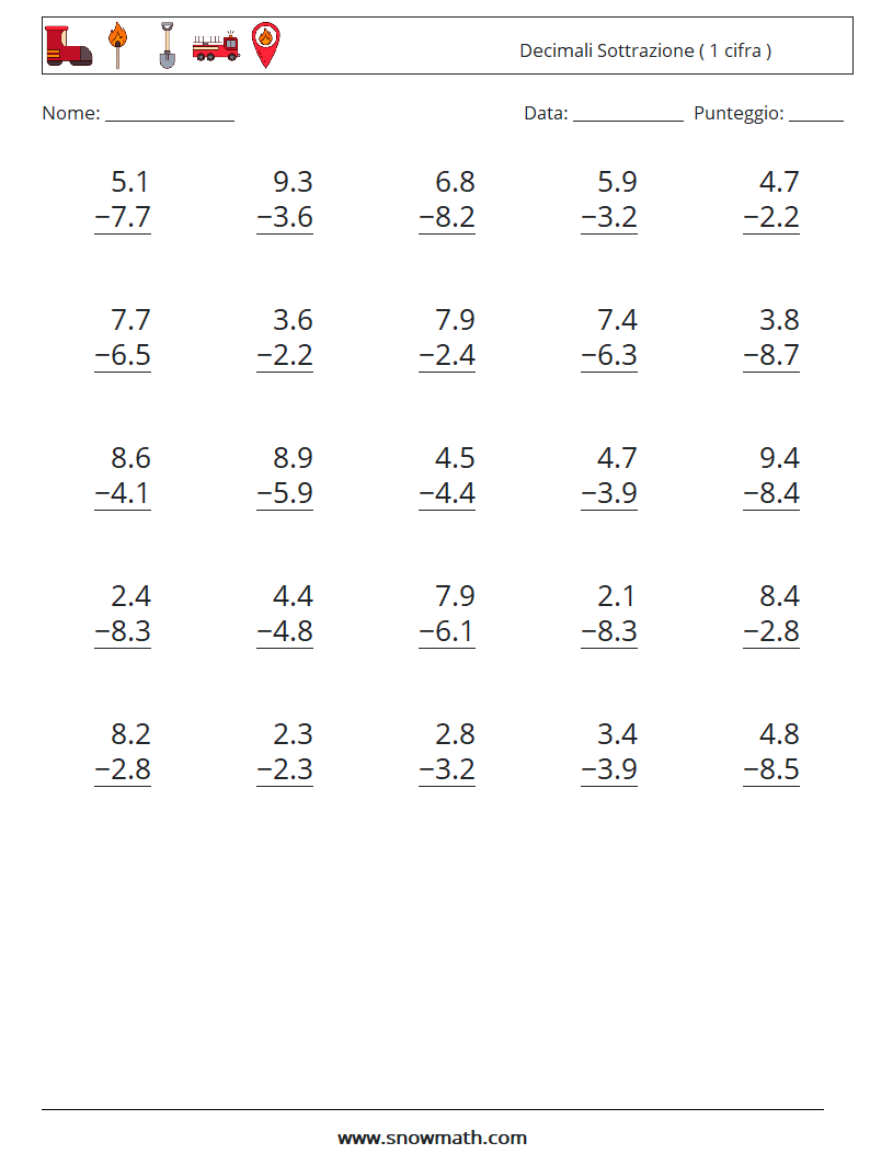 (25) Decimali Sottrazione ( 1 cifra ) Fogli di lavoro di matematica 7