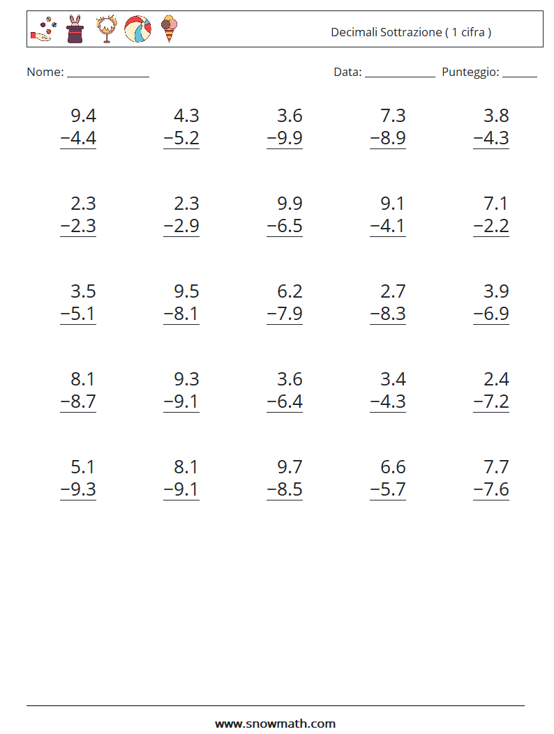 (25) Decimali Sottrazione ( 1 cifra ) Fogli di lavoro di matematica 8
