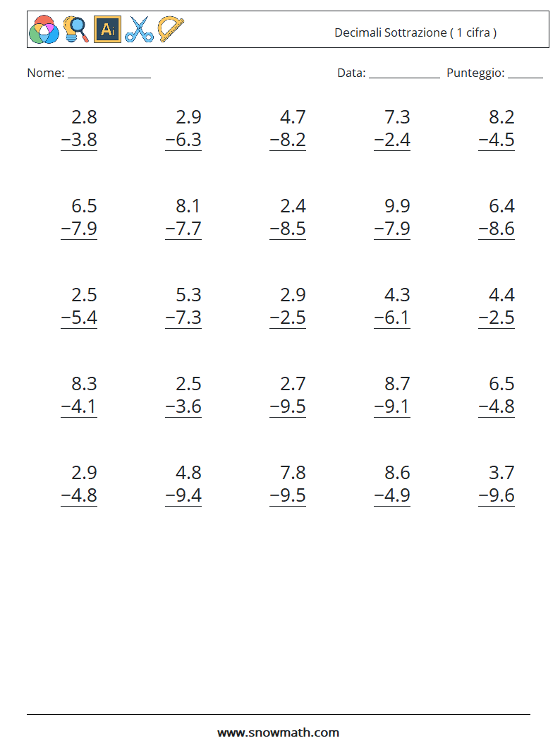 (25) Decimali Sottrazione ( 1 cifra ) Fogli di lavoro di matematica 9