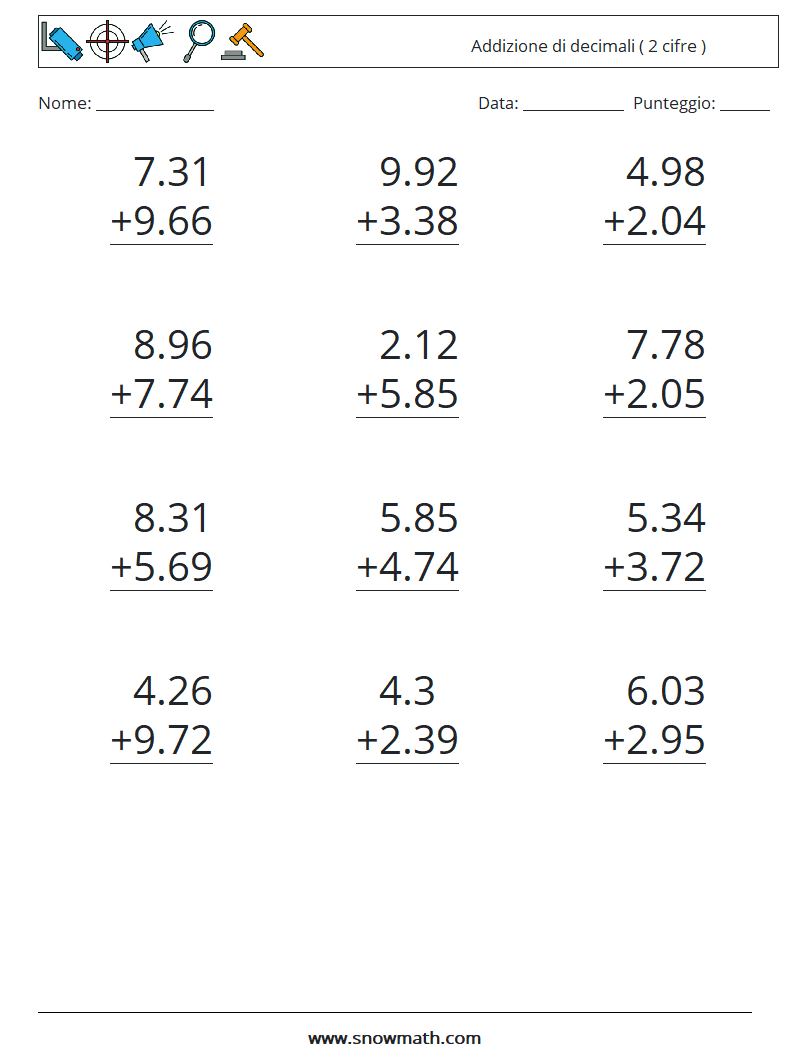 (12) Addizione di decimali ( 2 cifre ) Fogli di lavoro di matematica 1