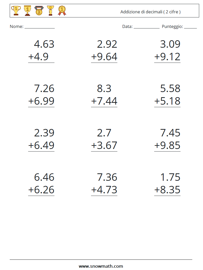 (12) Addizione di decimali ( 2 cifre ) Fogli di lavoro di matematica 12