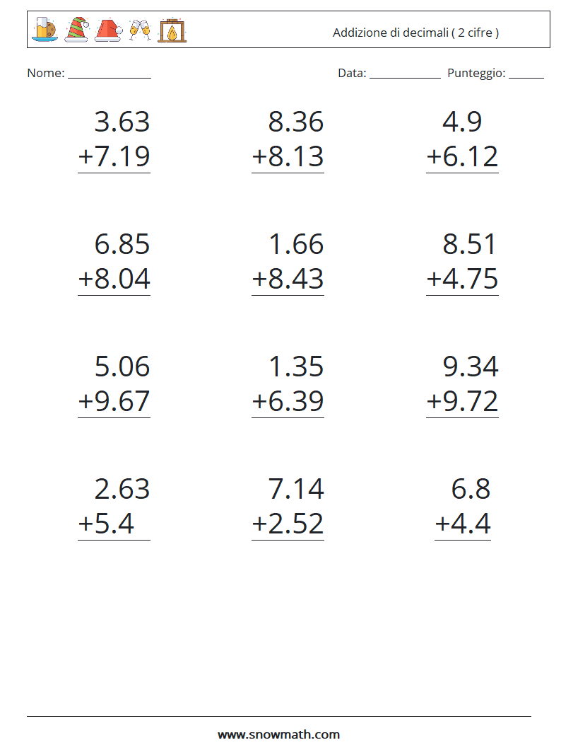 (12) Addizione di decimali ( 2 cifre ) Fogli di lavoro di matematica 13