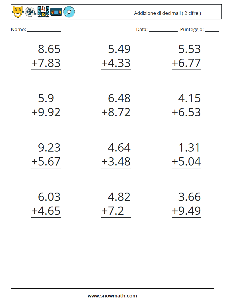 (12) Addizione di decimali ( 2 cifre ) Fogli di lavoro di matematica 15