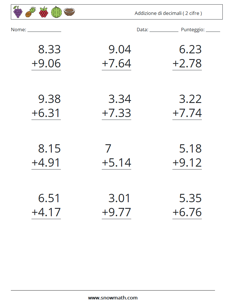 (12) Addizione di decimali ( 2 cifre ) Fogli di lavoro di matematica 16