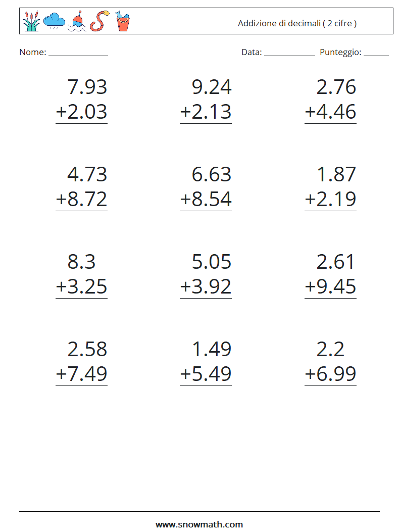 (12) Addizione di decimali ( 2 cifre ) Fogli di lavoro di matematica 17