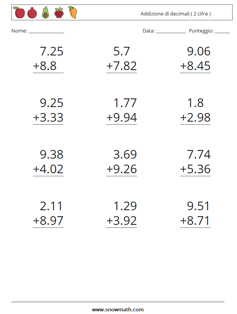 (12) Addizione di decimali ( 2 cifre ) Fogli di lavoro di matematica 18