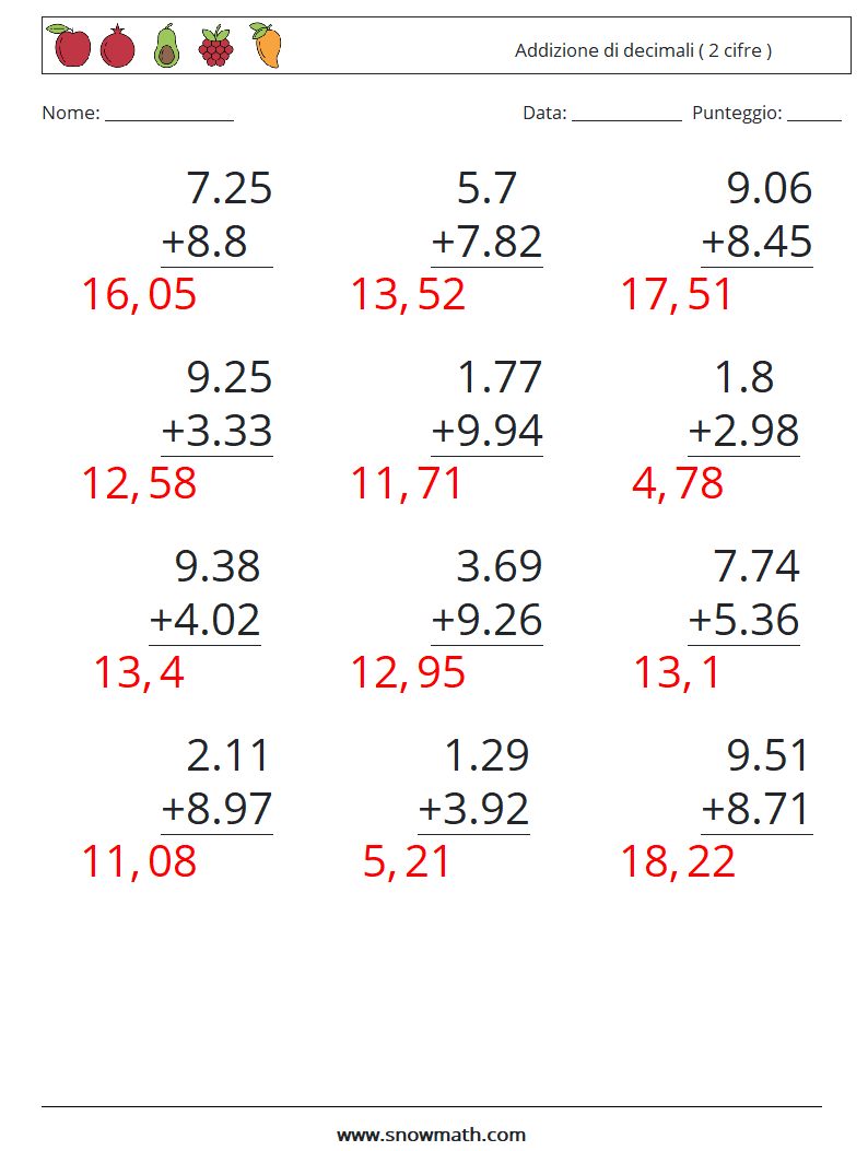 (12) Addizione di decimali ( 2 cifre ) Fogli di lavoro di matematica 18 Domanda, Risposta