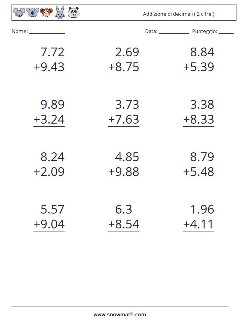 (12) Addizione di decimali ( 2 cifre ) Fogli di lavoro di matematica 2