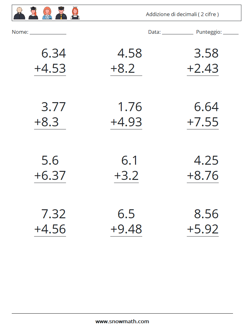 (12) Addizione di decimali ( 2 cifre ) Fogli di lavoro di matematica 3