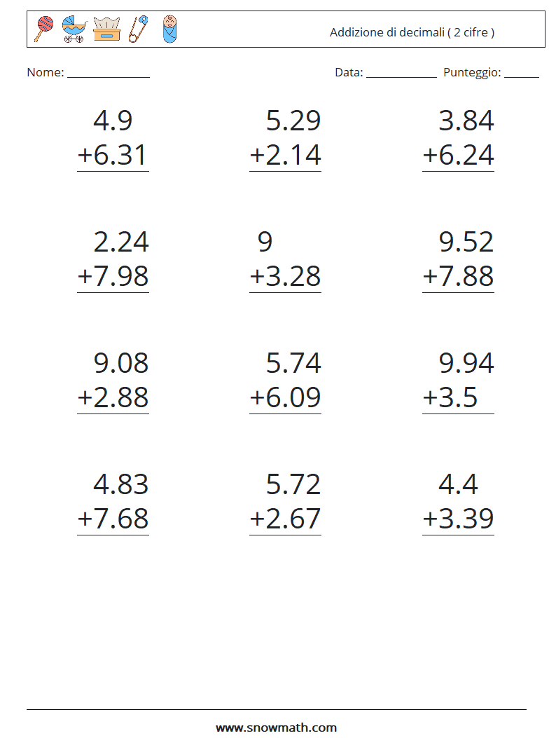 (12) Addizione di decimali ( 2 cifre ) Fogli di lavoro di matematica 6