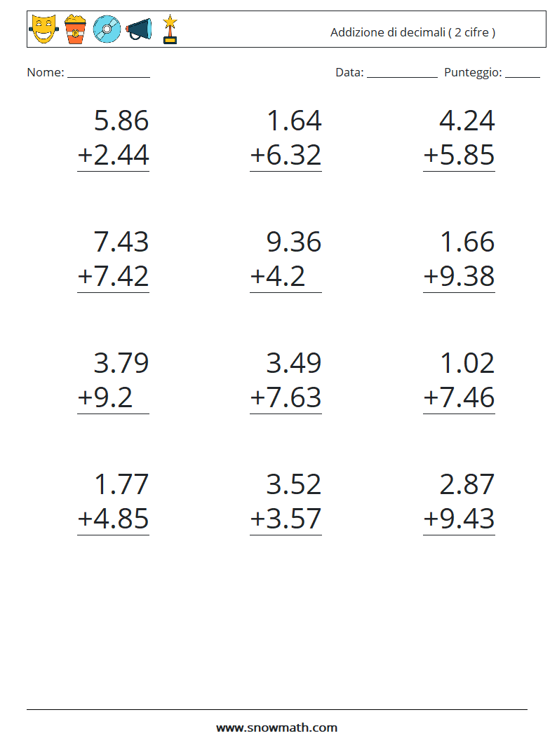 (12) Addizione di decimali ( 2 cifre ) Fogli di lavoro di matematica 8