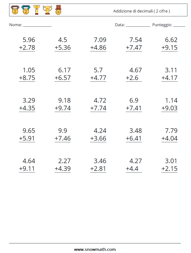 (25) Addizione di decimali ( 2 cifre ) Fogli di lavoro di matematica 1