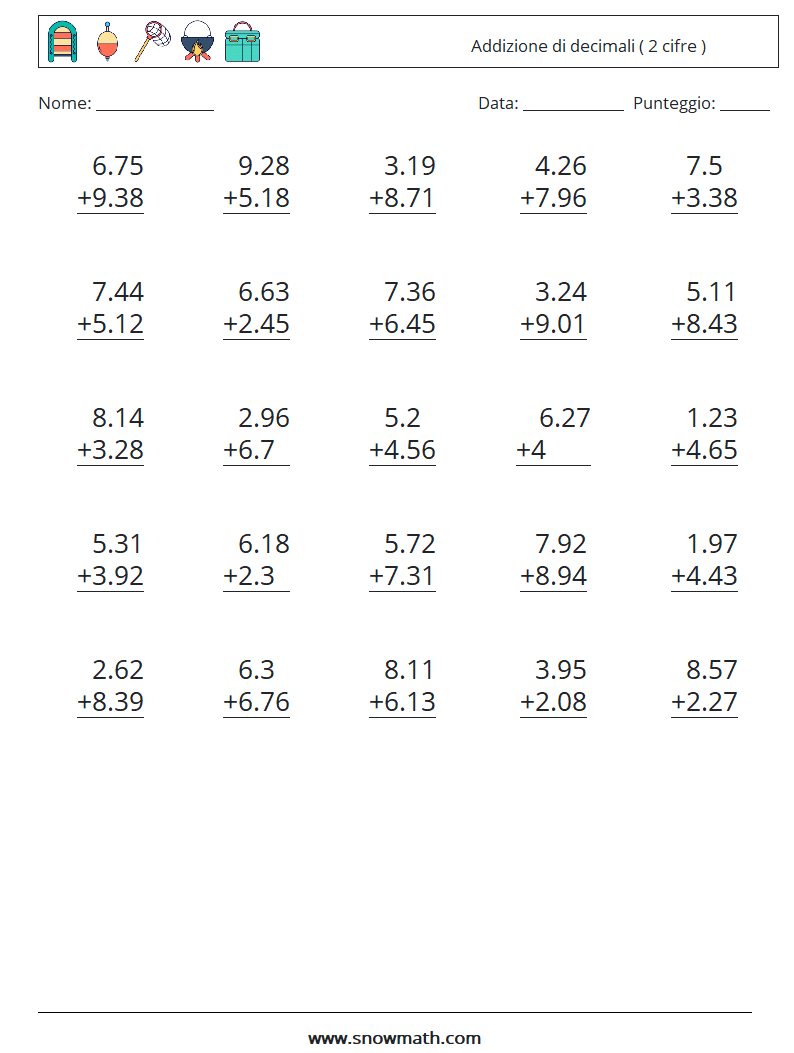 (25) Addizione di decimali ( 2 cifre ) Fogli di lavoro di matematica 10