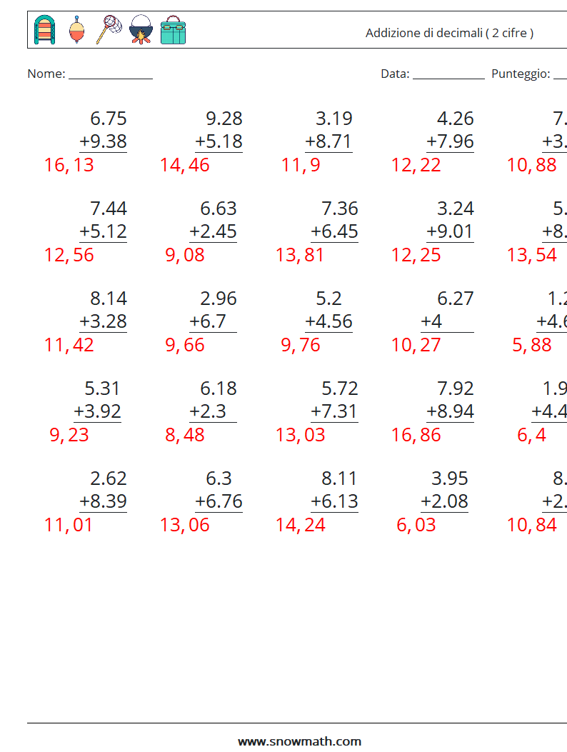 (25) Addizione di decimali ( 2 cifre ) Fogli di lavoro di matematica 10 Domanda, Risposta