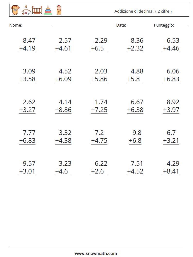(25) Addizione di decimali ( 2 cifre ) Fogli di lavoro di matematica 11