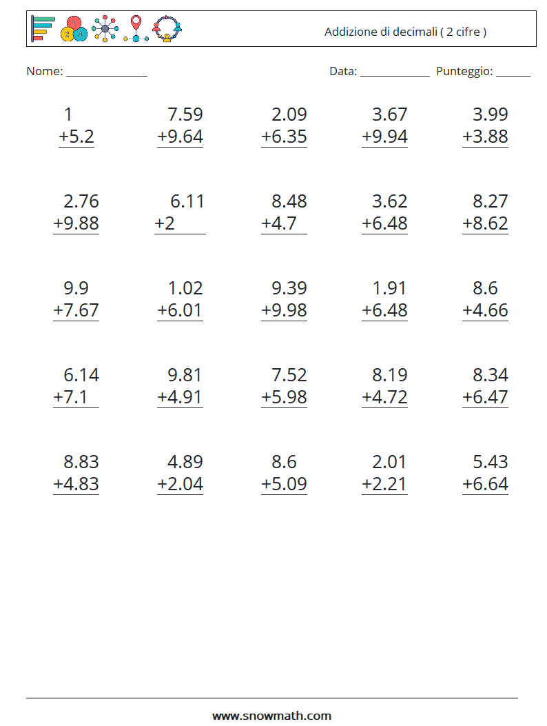 (25) Addizione di decimali ( 2 cifre ) Fogli di lavoro di matematica 12