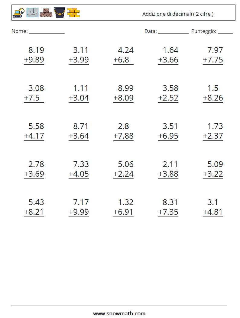 (25) Addizione di decimali ( 2 cifre ) Fogli di lavoro di matematica 13