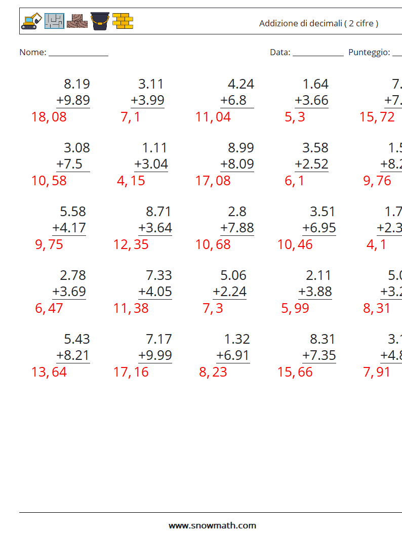 (25) Addizione di decimali ( 2 cifre ) Fogli di lavoro di matematica 13 Domanda, Risposta