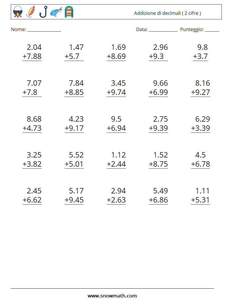 (25) Addizione di decimali ( 2 cifre ) Fogli di lavoro di matematica 14