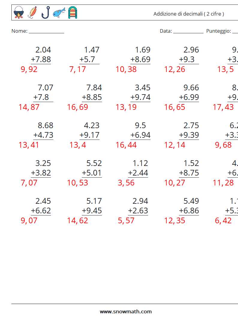 (25) Addizione di decimali ( 2 cifre ) Fogli di lavoro di matematica 14 Domanda, Risposta