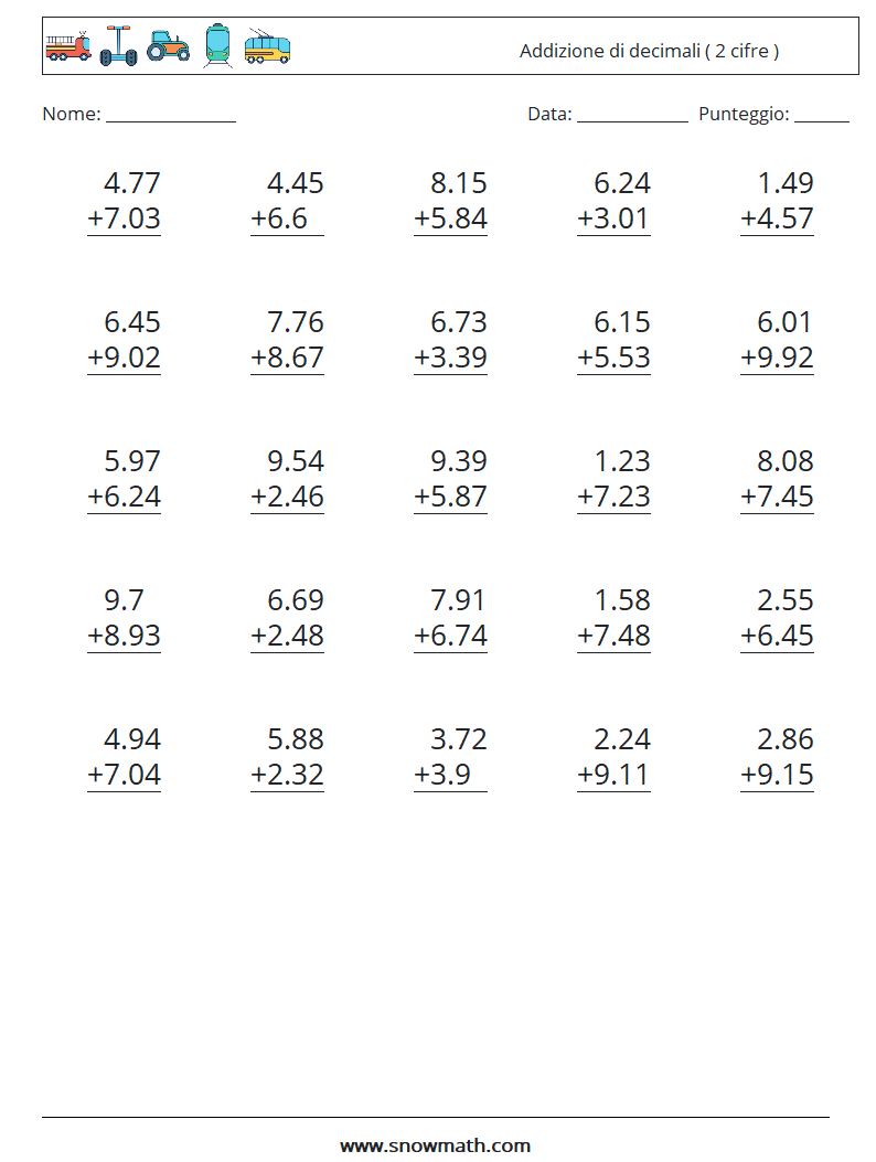 (25) Addizione di decimali ( 2 cifre ) Fogli di lavoro di matematica 15