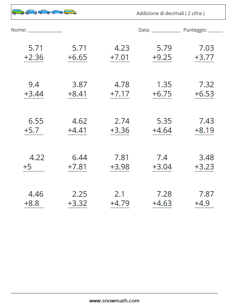 (25) Addizione di decimali ( 2 cifre ) Fogli di lavoro di matematica 16