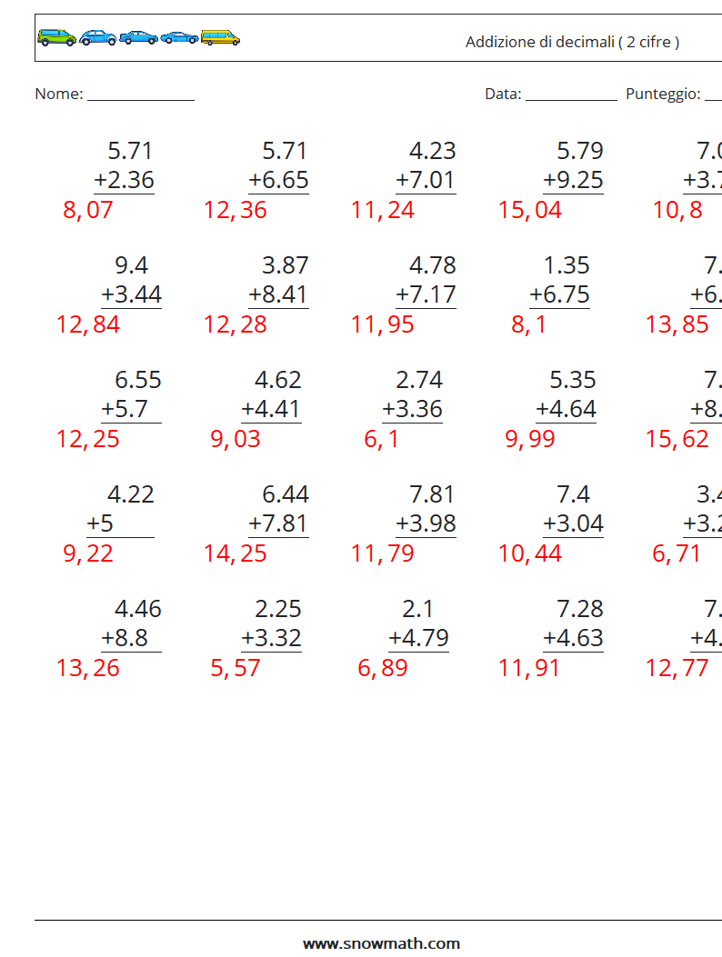 (25) Addizione di decimali ( 2 cifre ) Fogli di lavoro di matematica 16 Domanda, Risposta