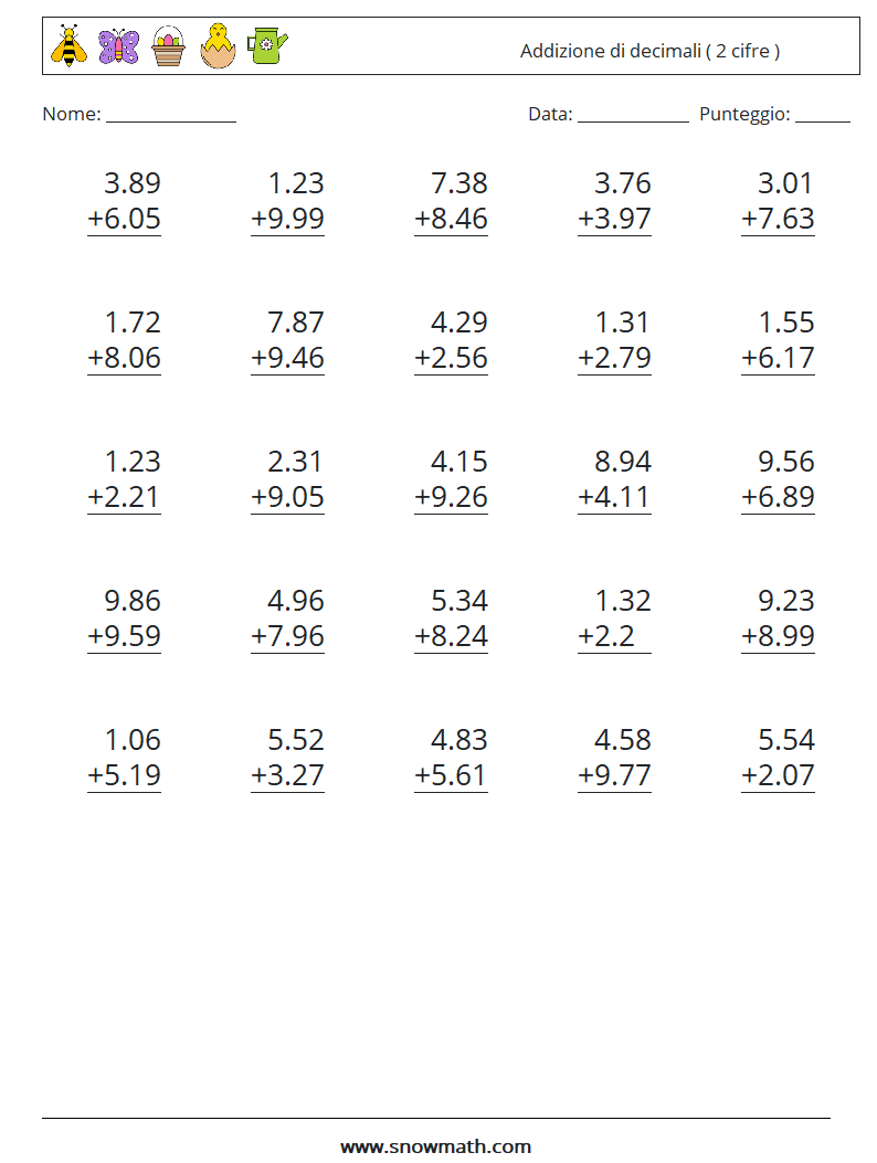 (25) Addizione di decimali ( 2 cifre ) Fogli di lavoro di matematica 17