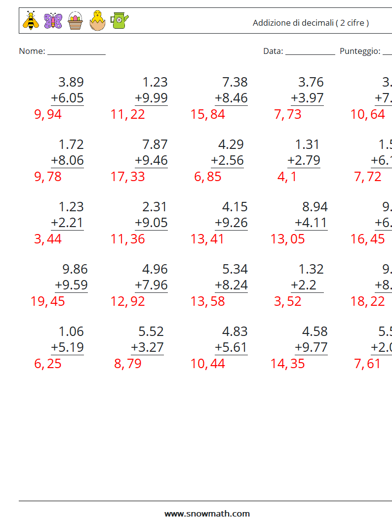 (25) Addizione di decimali ( 2 cifre ) Fogli di lavoro di matematica 17 Domanda, Risposta