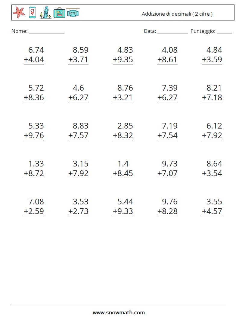 (25) Addizione di decimali ( 2 cifre ) Fogli di lavoro di matematica 18