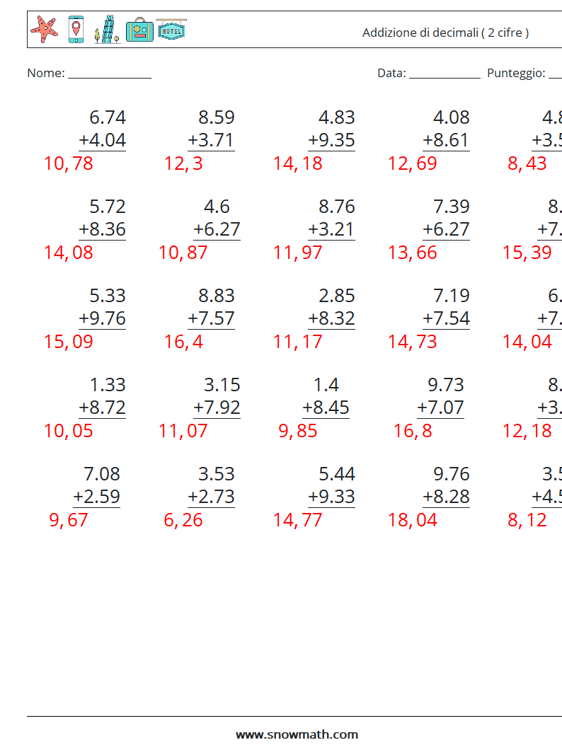 (25) Addizione di decimali ( 2 cifre ) Fogli di lavoro di matematica 18 Domanda, Risposta