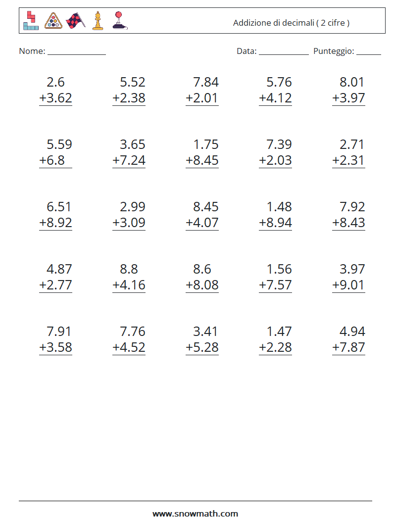 (25) Addizione di decimali ( 2 cifre ) Fogli di lavoro di matematica 2