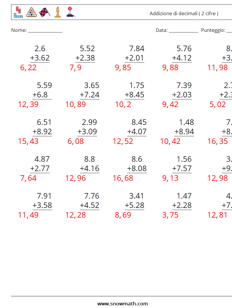 (25) Addizione di decimali ( 2 cifre ) Fogli di lavoro di matematica 2 Domanda, Risposta