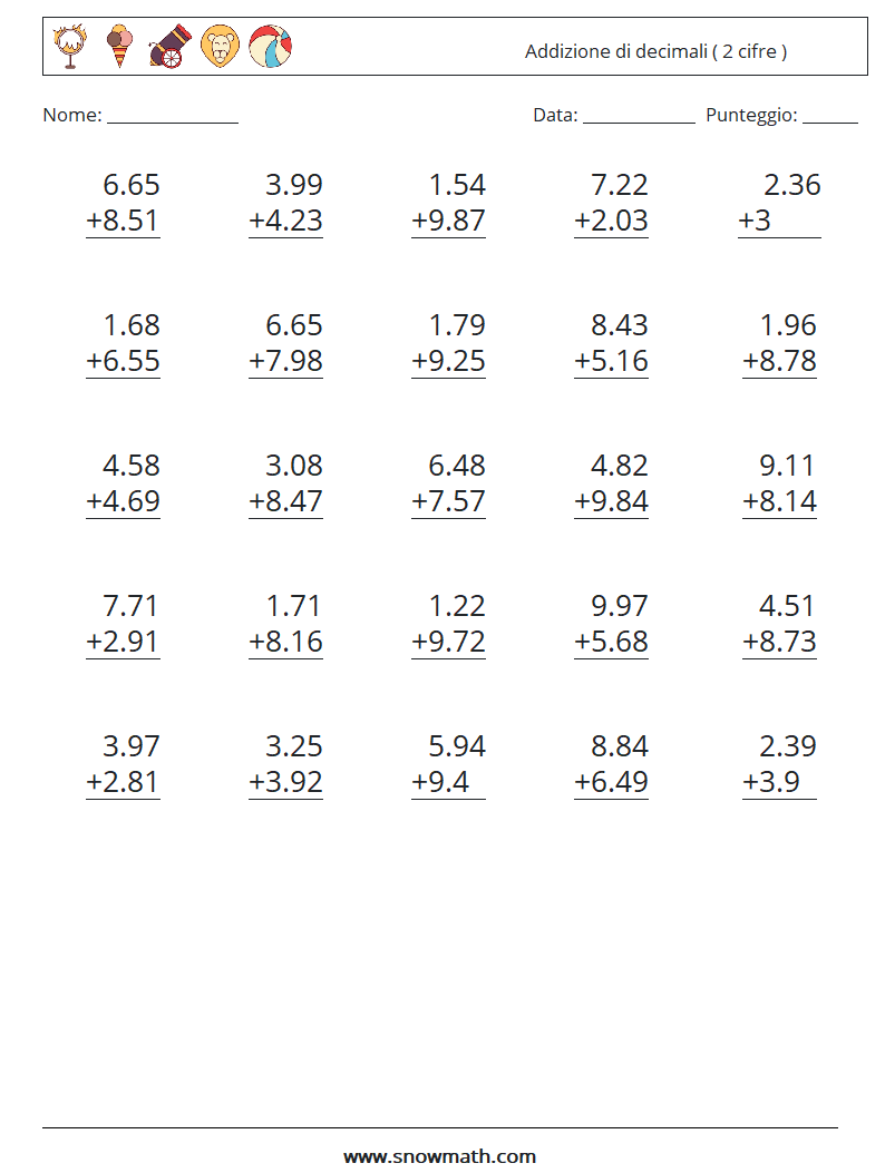 (25) Addizione di decimali ( 2 cifre ) Fogli di lavoro di matematica 3