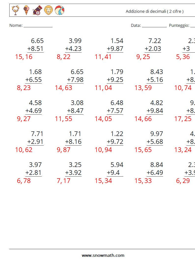 (25) Addizione di decimali ( 2 cifre ) Fogli di lavoro di matematica 3 Domanda, Risposta