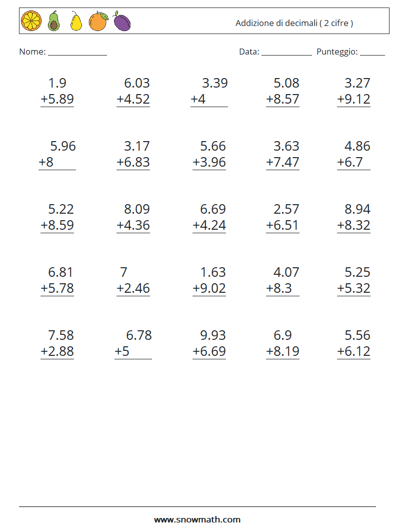 (25) Addizione di decimali ( 2 cifre ) Fogli di lavoro di matematica 4