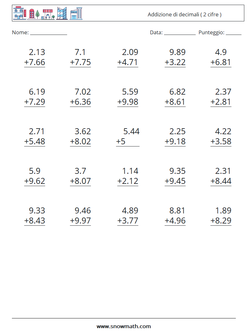 (25) Addizione di decimali ( 2 cifre ) Fogli di lavoro di matematica 5