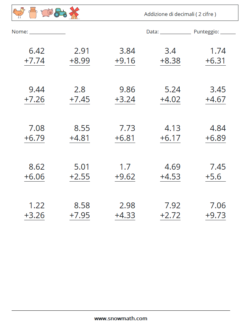 (25) Addizione di decimali ( 2 cifre ) Fogli di lavoro di matematica 6
