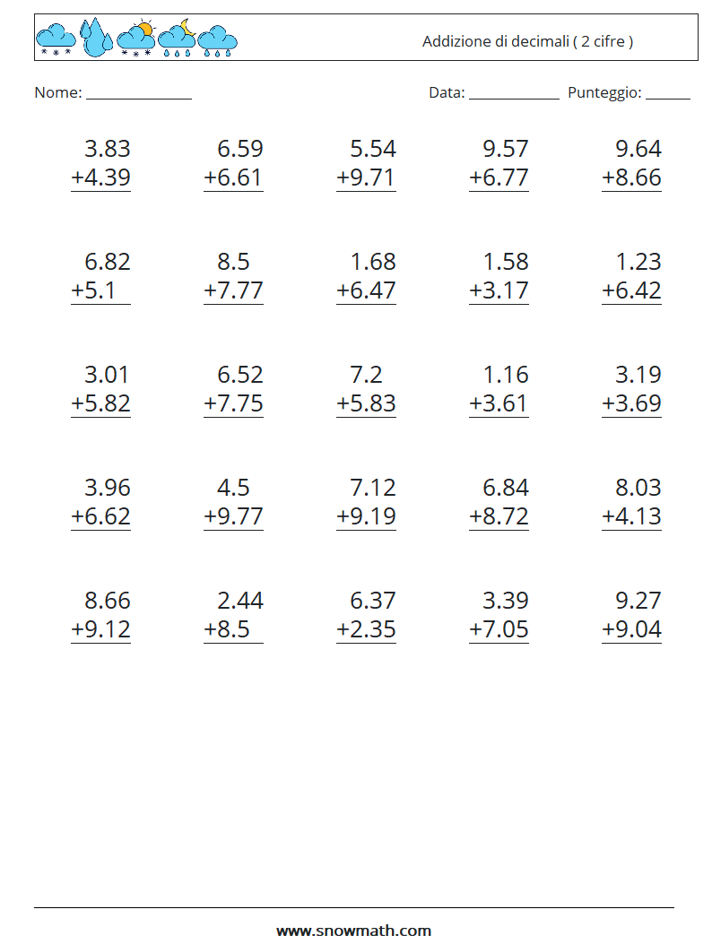 (25) Addizione di decimali ( 2 cifre ) Fogli di lavoro di matematica 7
