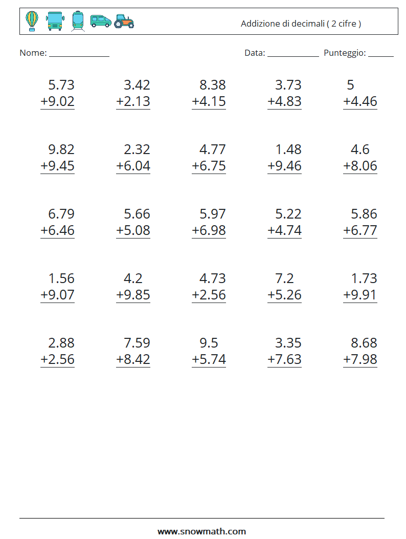 (25) Addizione di decimali ( 2 cifre ) Fogli di lavoro di matematica 8