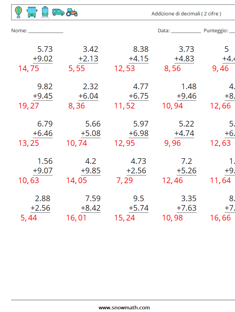 (25) Addizione di decimali ( 2 cifre ) Fogli di lavoro di matematica 8 Domanda, Risposta