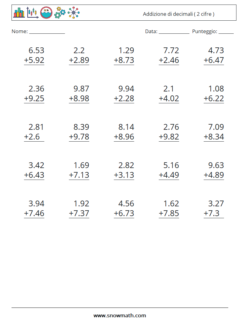 (25) Addizione di decimali ( 2 cifre ) Fogli di lavoro di matematica 9