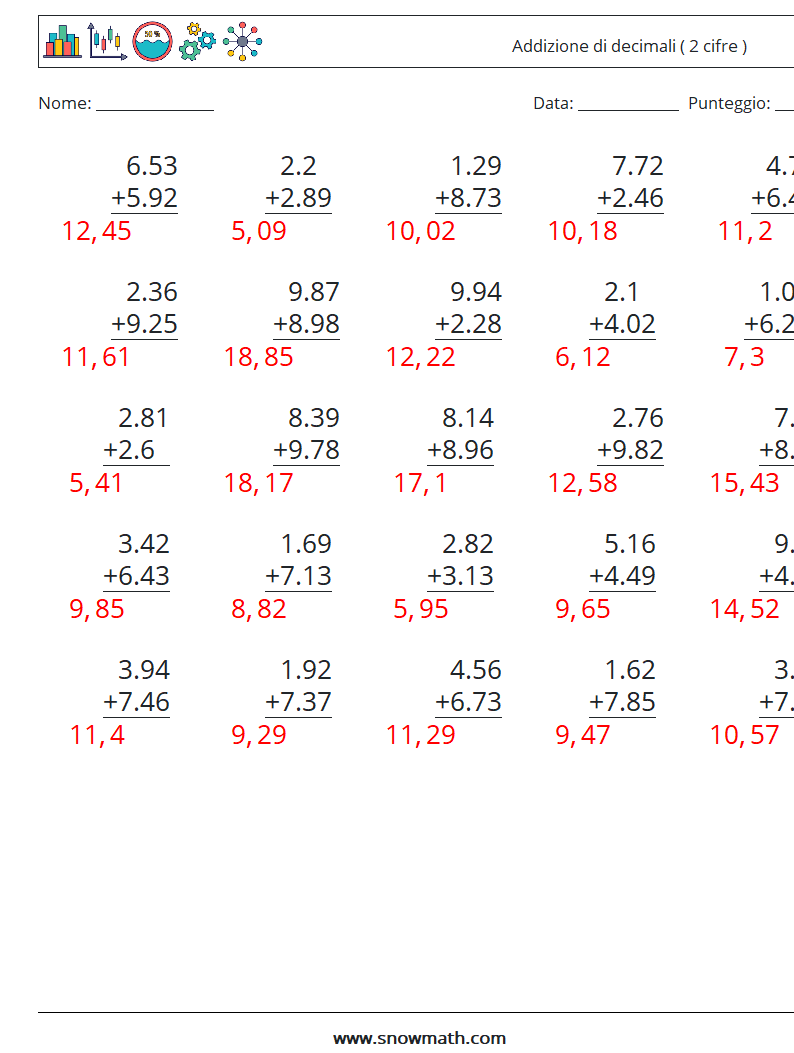 (25) Addizione di decimali ( 2 cifre ) Fogli di lavoro di matematica 9 Domanda, Risposta