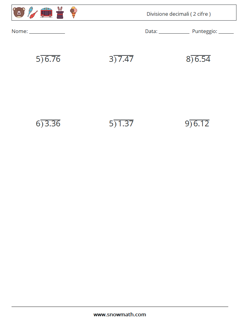 (12) Divisione decimali ( 2 cifre ) Fogli di lavoro di matematica 1